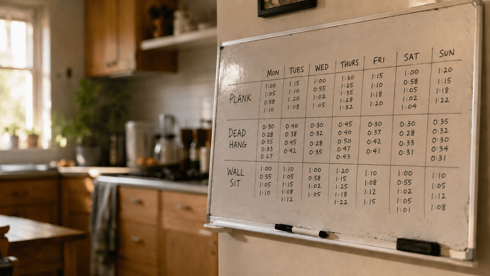 A kitchen whiteboard with a grid of Plank, Dead Hang and Wall Sit times handwritten for each day of the week