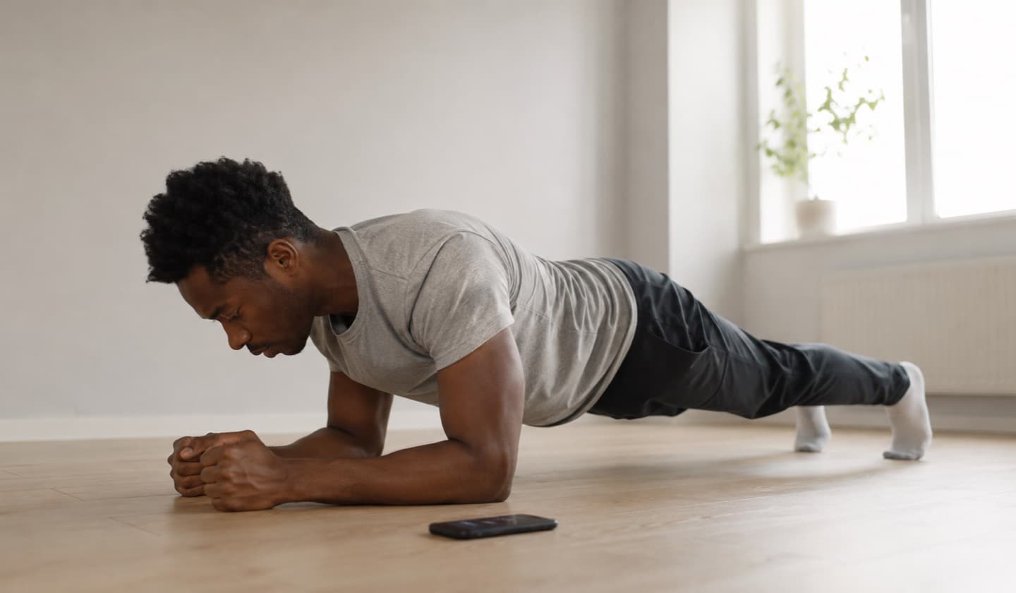 A person holding a forearm plank on a wooden floor in a bright room, mid-challenge