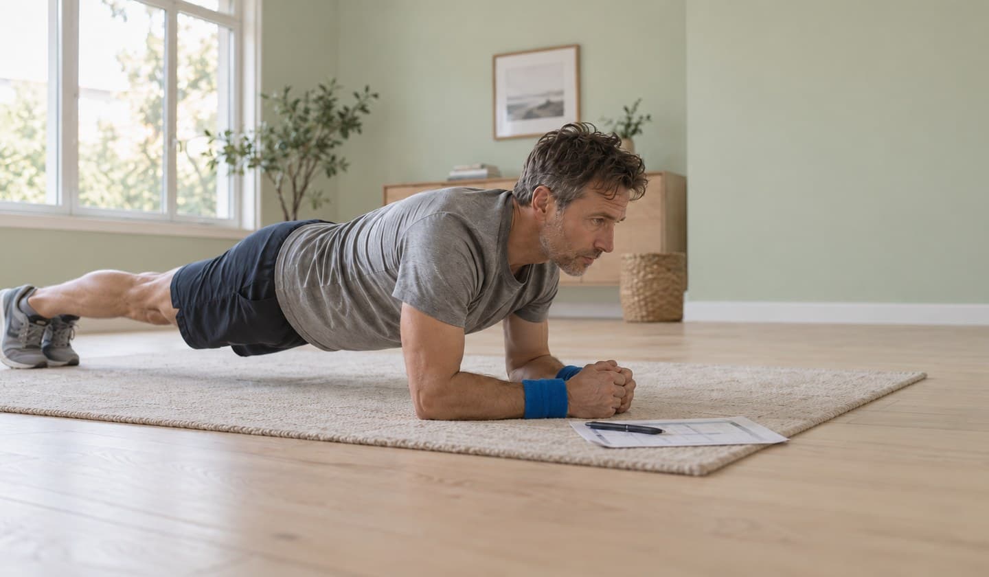 Man holding a forearm plank on a rug in a bright living room, with a printed plank challenge chart and a pen on the floor beside him