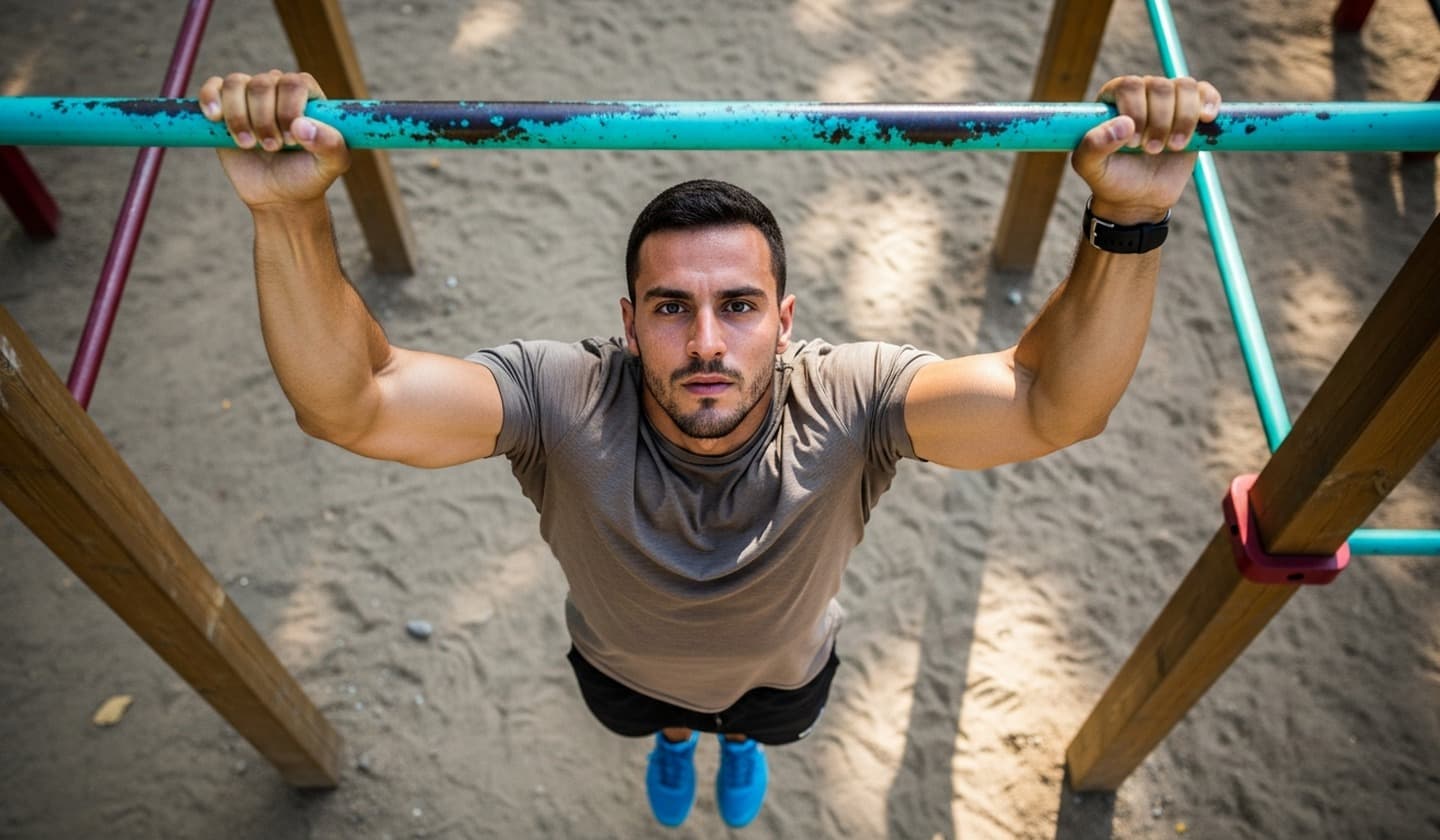 Man performing a dead hang from outdoor bars at a park, viewed from above