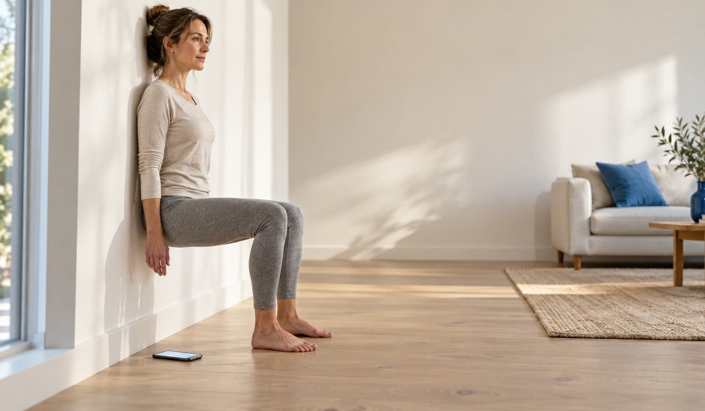 Woman holding a wall sit against a plain wall in a bright living room, back flat and knees bent, with a phone timing her on the floor