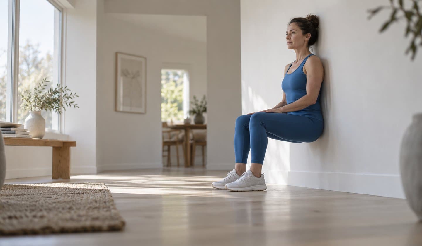 Person holding a wall sit against a sunlit wall at home, calm and focused, in a bright minimal room