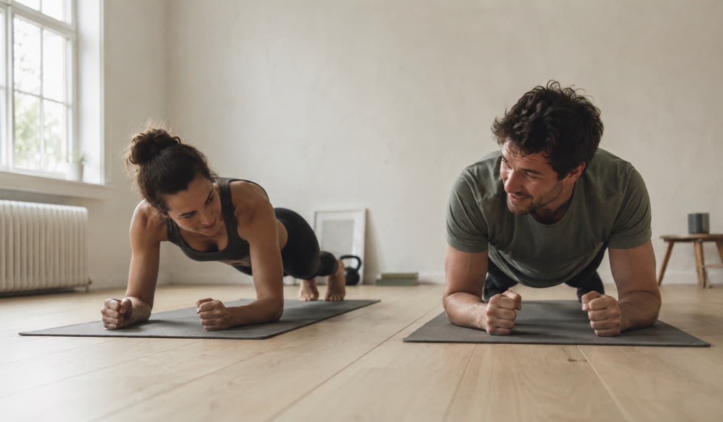 Two people holding forearm planks side by side on a wooden floor, one glancing across at the other