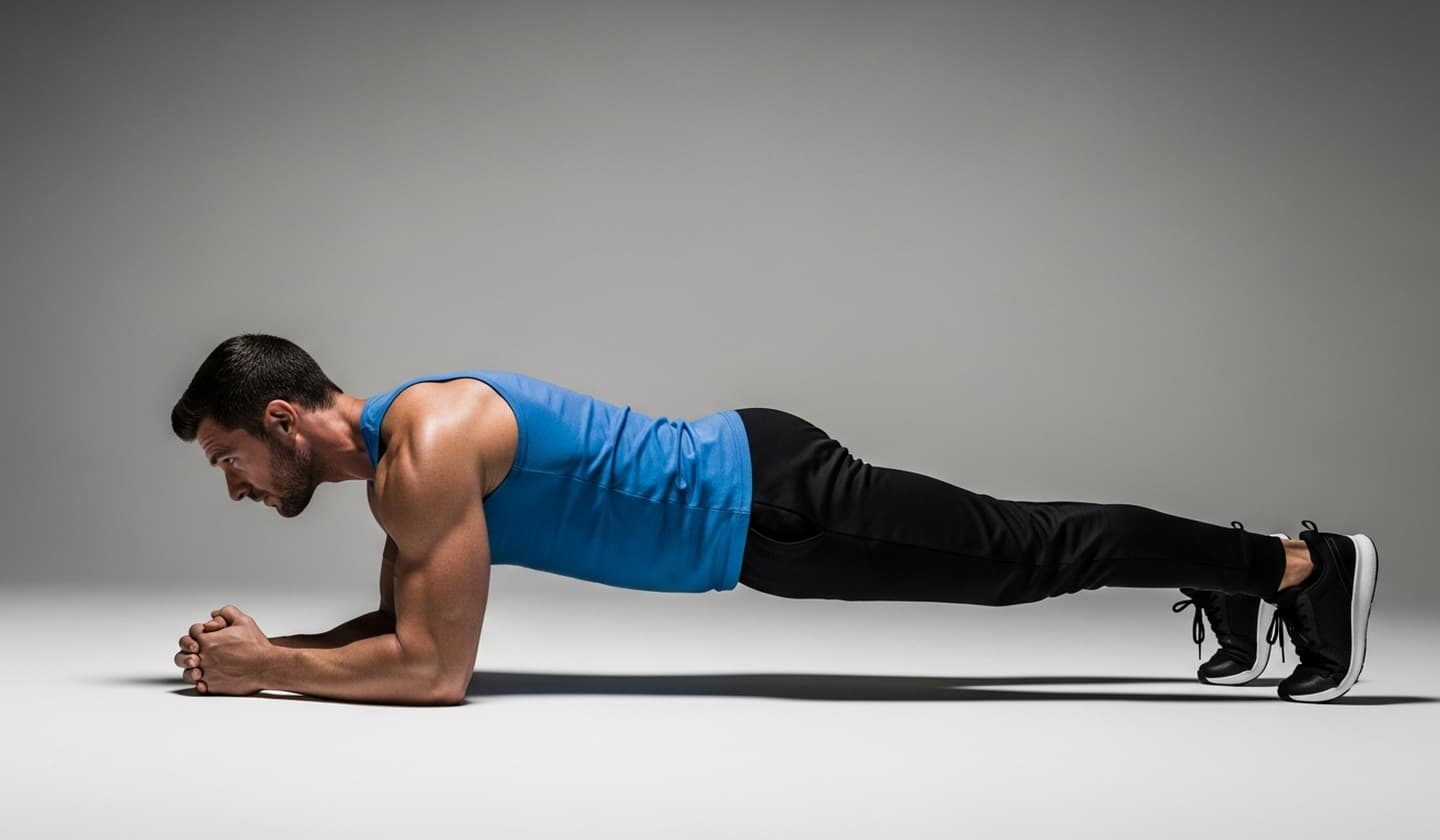 Man holding a forearm plank with perfect form in a studio with grey background