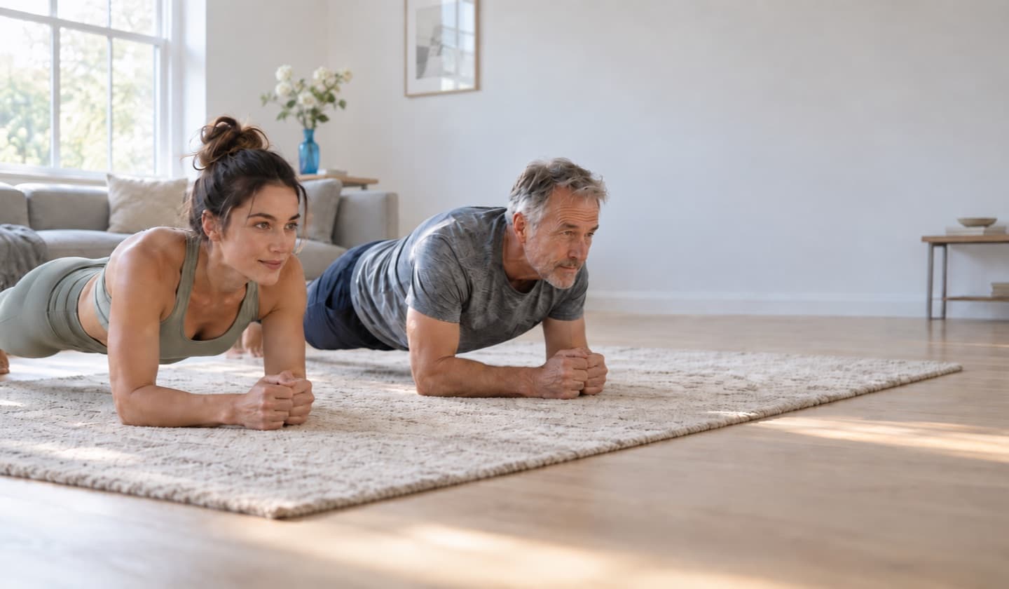 A woman and an older man holding forearm planks side by side on a rug in a bright living room