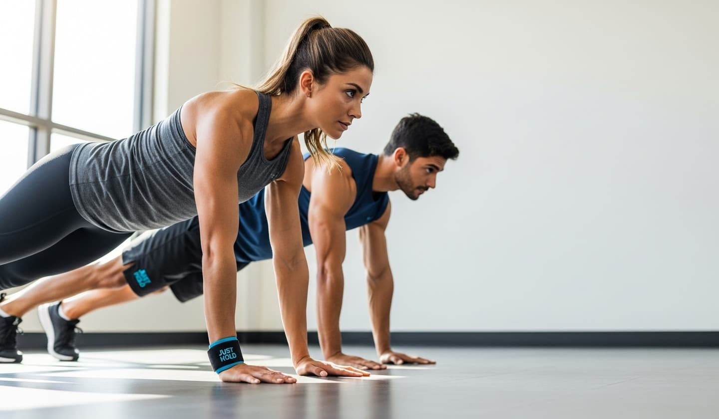 Two people holding planks side by side on a gym floor with natural light from large windows
